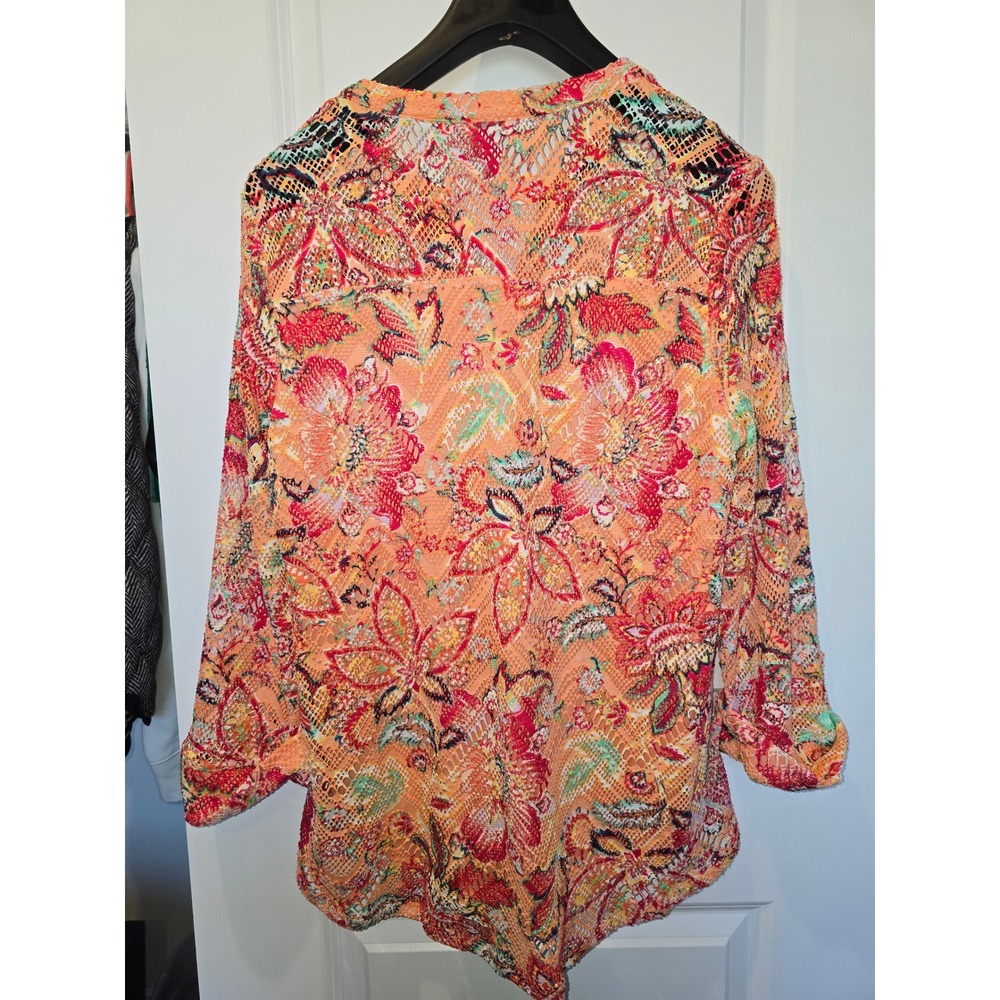 Cato Women Orange Floral Paisley Lace Henley Blouse Roll Tab 3/4 Sleeve Large - Picture 3 of 6